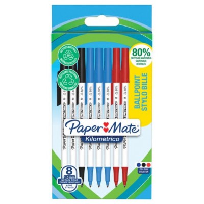 BLÍSTER 8 BOLÍGRAFOS PAPER MATE KILOMÉTRICO PUNTA MEDIANA (1,0MM) TINTA NEGRA, AZUL Y ROJA 80% RECICLADO PAPER MATE 2187680 (Espera 4 dias)