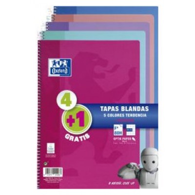 PACK 4+1 CUADERNO ESPIRAL TAPA BLANDA FOLIO 80 HOJAS 4X4 CON MARGEN COLORES TENDENCIA OXFORD 400072719 (Espera 4 dias)