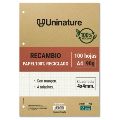 RECAMBIO RECICLADO A4 100 HOJAS 90GR CUADRICULA 4X4 MM CON TALADROS UNINATURE 53392700 (Espera 4 dias)