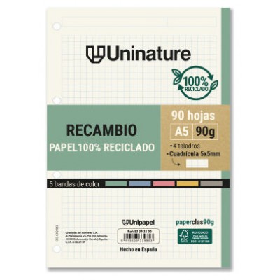 RECAMBIO RECICLADO A5 90 HOJAS 90GR CUADRICULA 5X5 MM CON TALADROS 5 BANDAS COLOR UNINATURE 53393500 (Espera 4 dias)