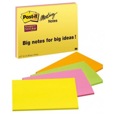 PACK 4 BLOCS 45 HOJAS NOTAS GRANDES ADHESIVAS 101X152MM SUPER STICKY COLORES SURTIDOS NEÓN 6845-SSP POST-IT 7100234637 (Espera 4 dias)