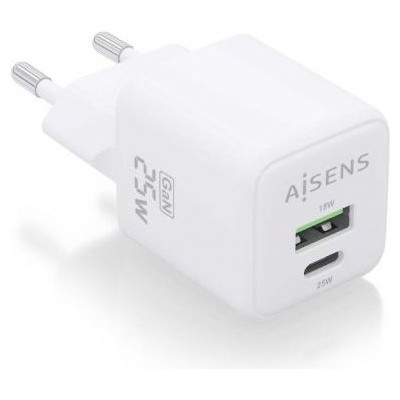 AISENS - CARGADOR GaN 25W, 1xUSB-C PD3.0 QC4.0, 1xUSB-A QC3.0, BLANCO