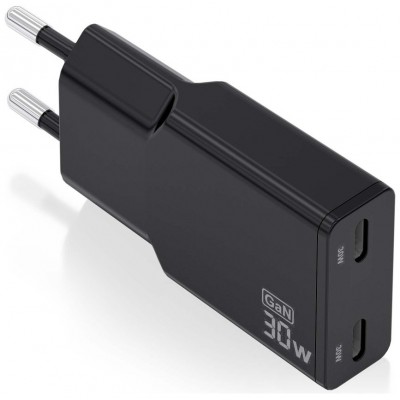 AISENS - CARGADOR GaN ULTRA DELGADO 30W, 2xUSB-C PD3.0 QC4.0, NEGRO