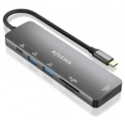 AISENS - USB-C DOCK 6 EN 1, USB-C A 1xHDMI, 2xUSB-A, 1xUSB-C PD 100W, 1xSD, 1xMICRO SD, GRIS, 15CM