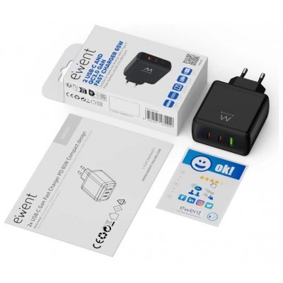 EWENT Cargador Gan Fast 65W 2 USB-C PD-1USB-A QC