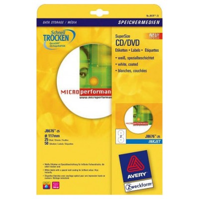 PAQUETE 25 HOJAS ETIQUETAS FULL-FACE NO TOUCH BLANCAS PAPEL CUCHÉ OPACA PARA CD-IMPRESORAS INYECCIÓN TINTA-117 MM AVERY J8676-25 (Espera 4 dias)