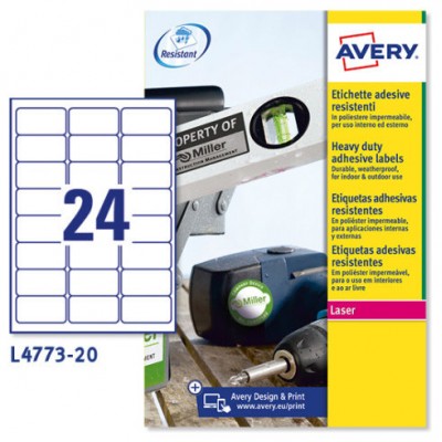 PAQUETE 20 HOJAS ETIQUETAS DE POLIÉSTER BLANCO-IMPRESORAS LÁSER-63,5X33,9 MM AVERY L4773-20 (Espera 4 dias)