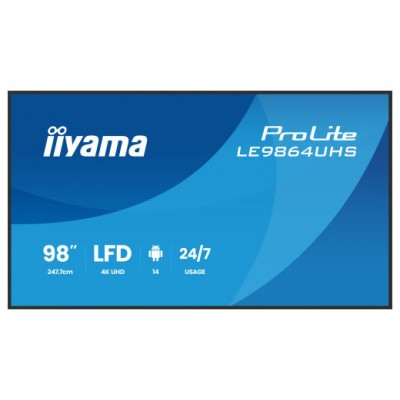IIYAMA MONITOR 98" 3840x2160, UHD VA DLED  500cd/m, HORIZ Y VERT, MM 2x 10W, 2x HDMIx 1x USB-C, USB 2.0 x2, WiFi, LAN, Media Play USB Port, Control LAN / RS232C, Android 14 OS, 24/7 Operation, VESA Mount 700x500 - wallmount included (LH5564UHS-B1AG) 