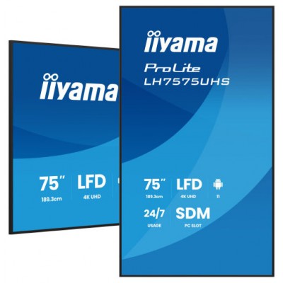 MONITOR IIYAMA 75" (LH7575UHS-B2AG) 3840X2160 / 4K UHD / 24/7 / 500 CD/M / 8MS / DP / 3XHDMI / MICRO SD SLOT /  E-SHARE /IISIGNAGE 2  / RJ45 / SDM SLOT PC / ANDROID 11.0 (Espera 4 dias)
