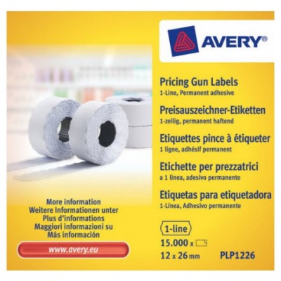 PACK 10 ROLLOS DE ETIQUETAS BLANCAS-PERMANENTES DE 1 LÍNEA-1.500 ETIQUETAS 12X26MM POR ROLLO AVERY PLP1226 (Espera 4 dias)