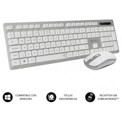 SUBBLIM Teclado Ergonómico y ratón inalámbricos Plano Silencioso Plateado/Blanco Ergo (Espera 4 dias)